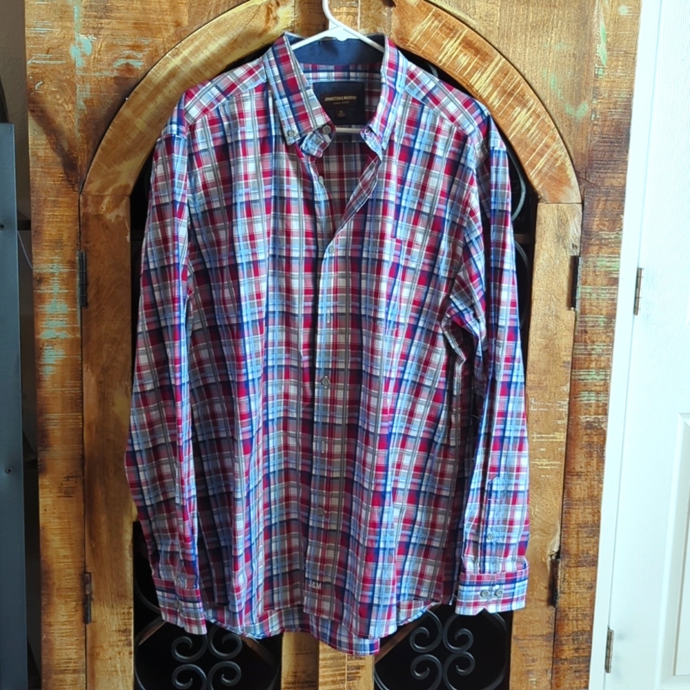 Johnston & Murphy Long Sleeve Button Down Dress Shirt. XL. Red Blue Gray Plaid